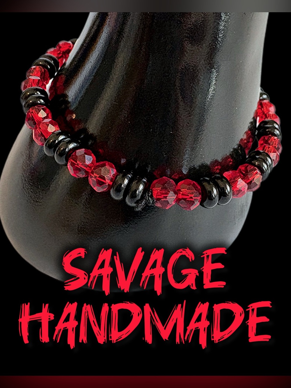 Handmade Black + Red Faceted Beaded Stretch Bracelet